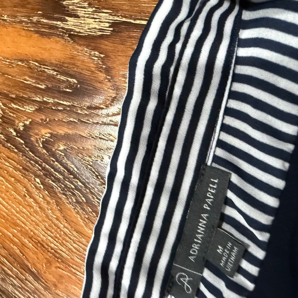 Adrianna Papell Womens Navy Blue Striped Mixed Media V-Neck Blouse Top Size M - Picture 3 of 6